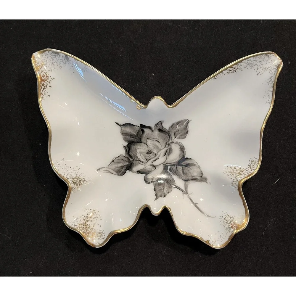 Lefton Butterfly Trinket Dish Set Of 2 Black, White & Gold Floral Design